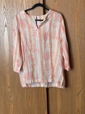 ALFRED DUNNER BOHO STRIPED ORANGE WHITE TUNIC TOP SIZE 18 SEMI-SHEER